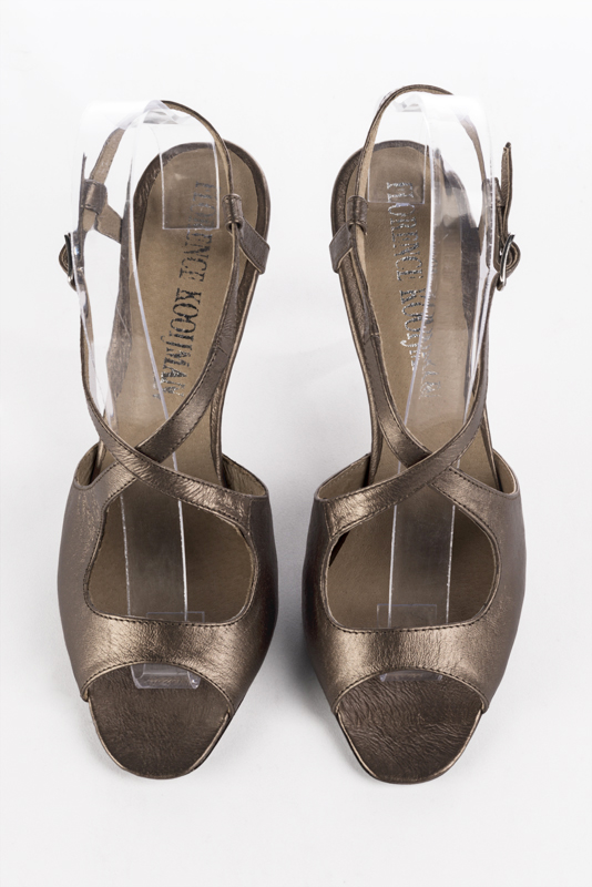 Bronze gold women's open back sandals, with crossed straps. Round toe. High spool heels. Top view - Florence KOOIJMAN